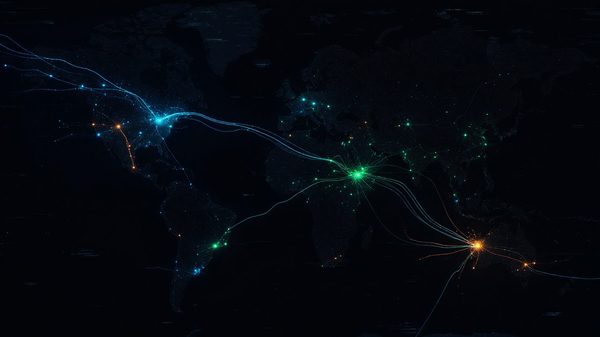 Abstract threat intelligence visualization mapping connected nodes representing a persistent, coordinated cyber intrusion