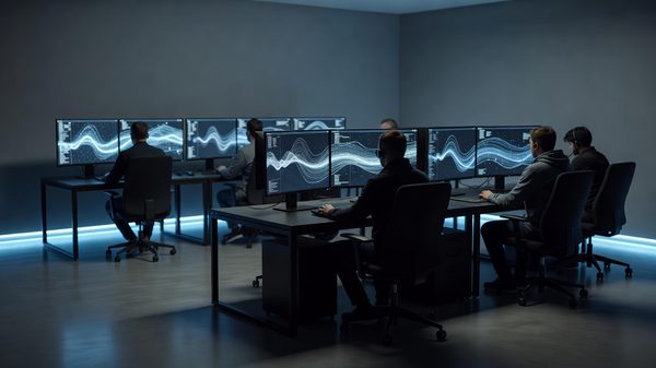 Product security team gathered around a monitor showing a stylised incident timeline in a European operations room