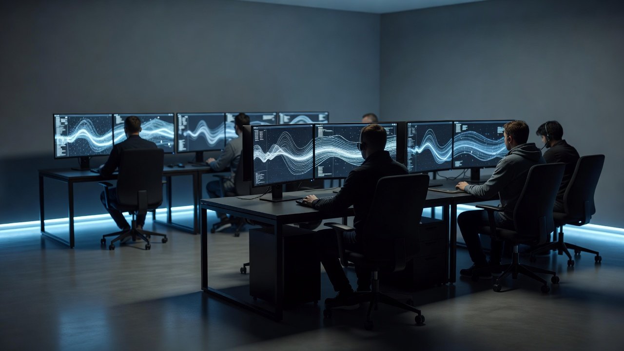 Product security team gathered around a monitor showing a stylised incident timeline in a European operations room