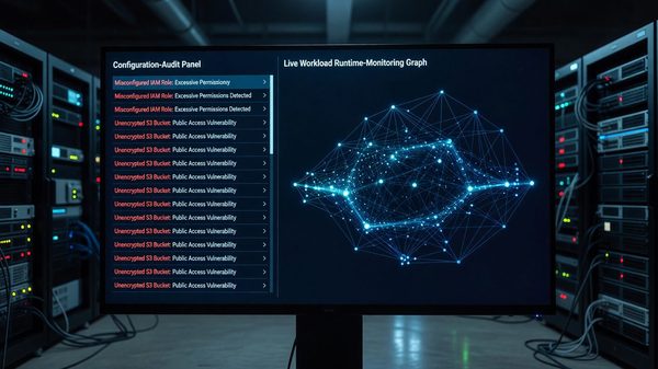 Cloud security dashboard showing posture findings across accounts alongside runtime protection status for individual workloads