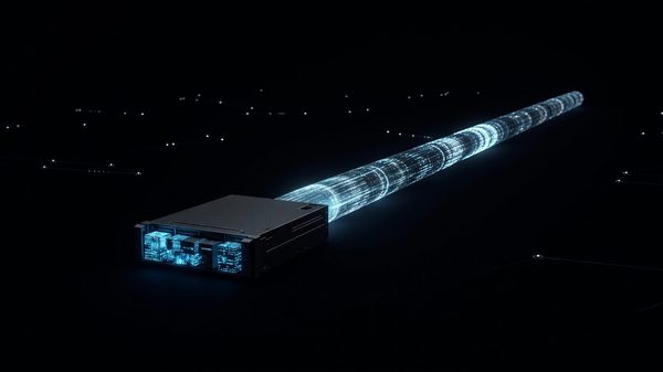 Abstract illustration of encrypted data blocks on a storage disk connected to a network with a secured transit tunnel