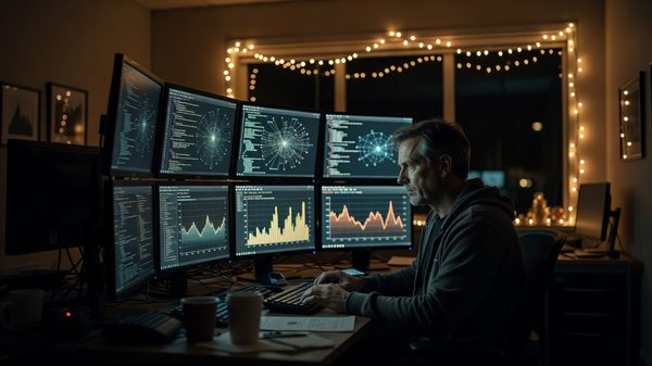 Dimly lit security operations center with a single analyst at a console and holiday lights glowing in a window behind