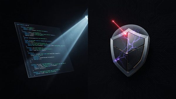 Split illustration of source code being scanned on one side and a running web application being probed for vulnerabilities on the other